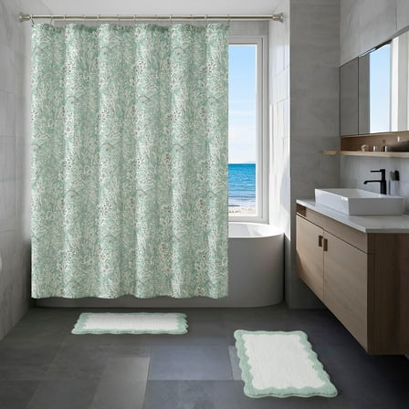 Mainstays 15-Piece Green Botanical Bathroom Set – Shower Curtain, Bath Rugs & Hooks, Nature-Inspired Design