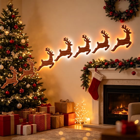 Wooden Reinder LED Wall Decor, Backlit Warm Light Christmas Deer WallArt Christmas Wall Hanging Ornament For Home Decoration(5Pcs)