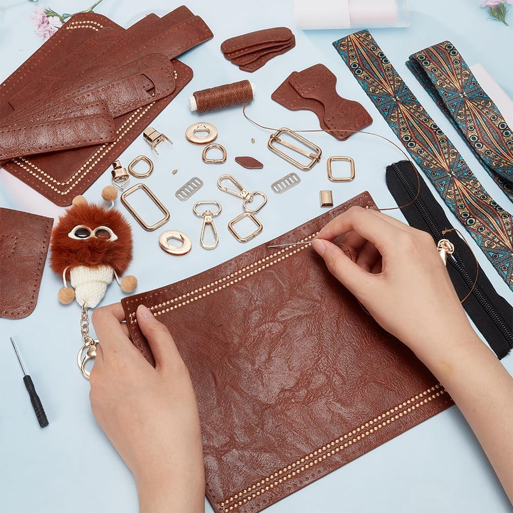 PU Leather Crossbody Bag Making Kit DIY Knitting Crochet Shoulder Bag Making Materials PU Leather Handbags Sewing Kit 7.4x3.9x2.7 Inch (Brown)