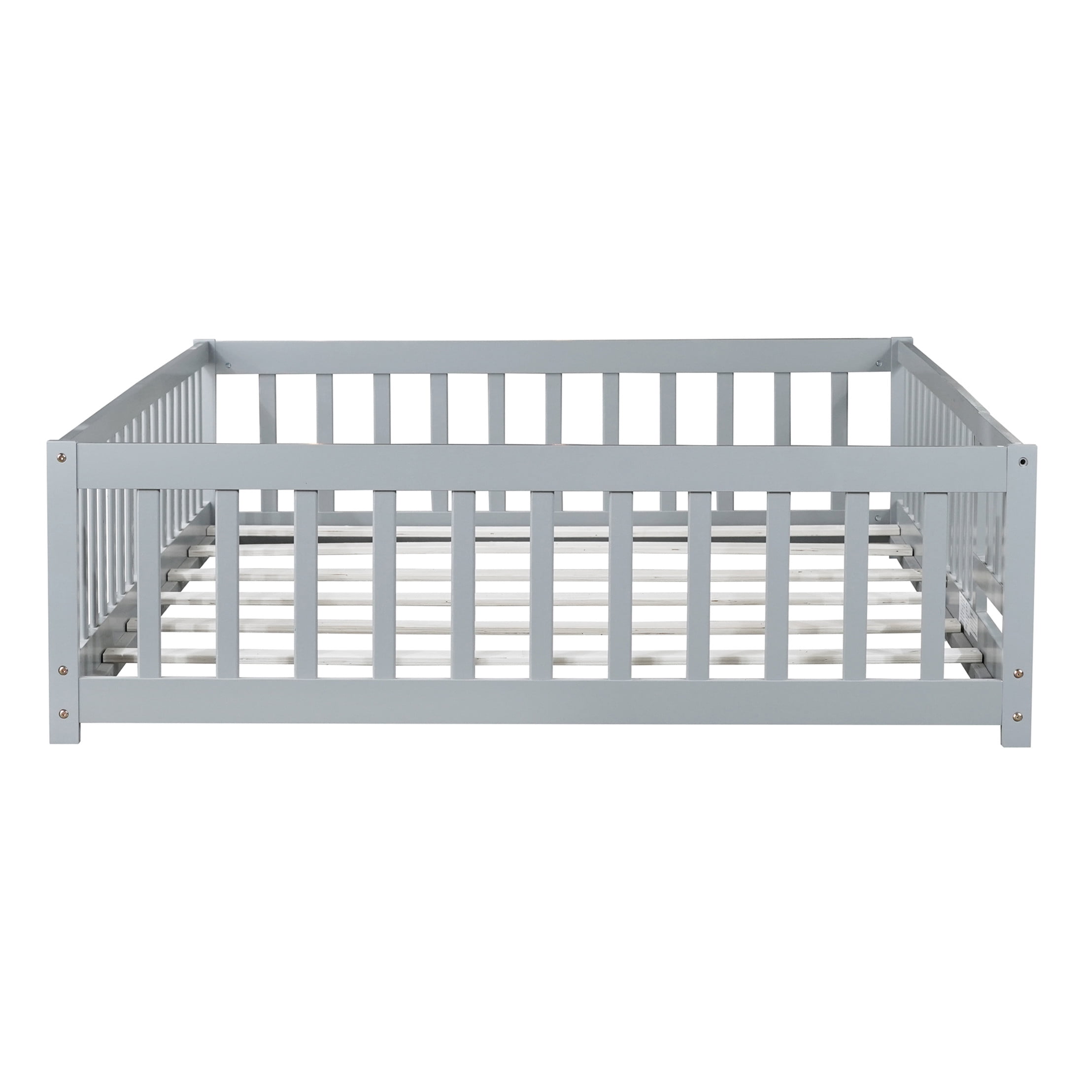 Noble House Mira Full Floor Bed with Fence and Door, Sturdy Rubber Wood Montessori Bed Frame, Kid's Room, Gray