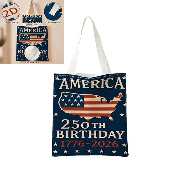 1-Pack 250th Anniversary USA Merchandise Canvas Tote Bag Durable Patriotic Reusable Grocery Shopping Bag for Work Beach and Everyday Carry