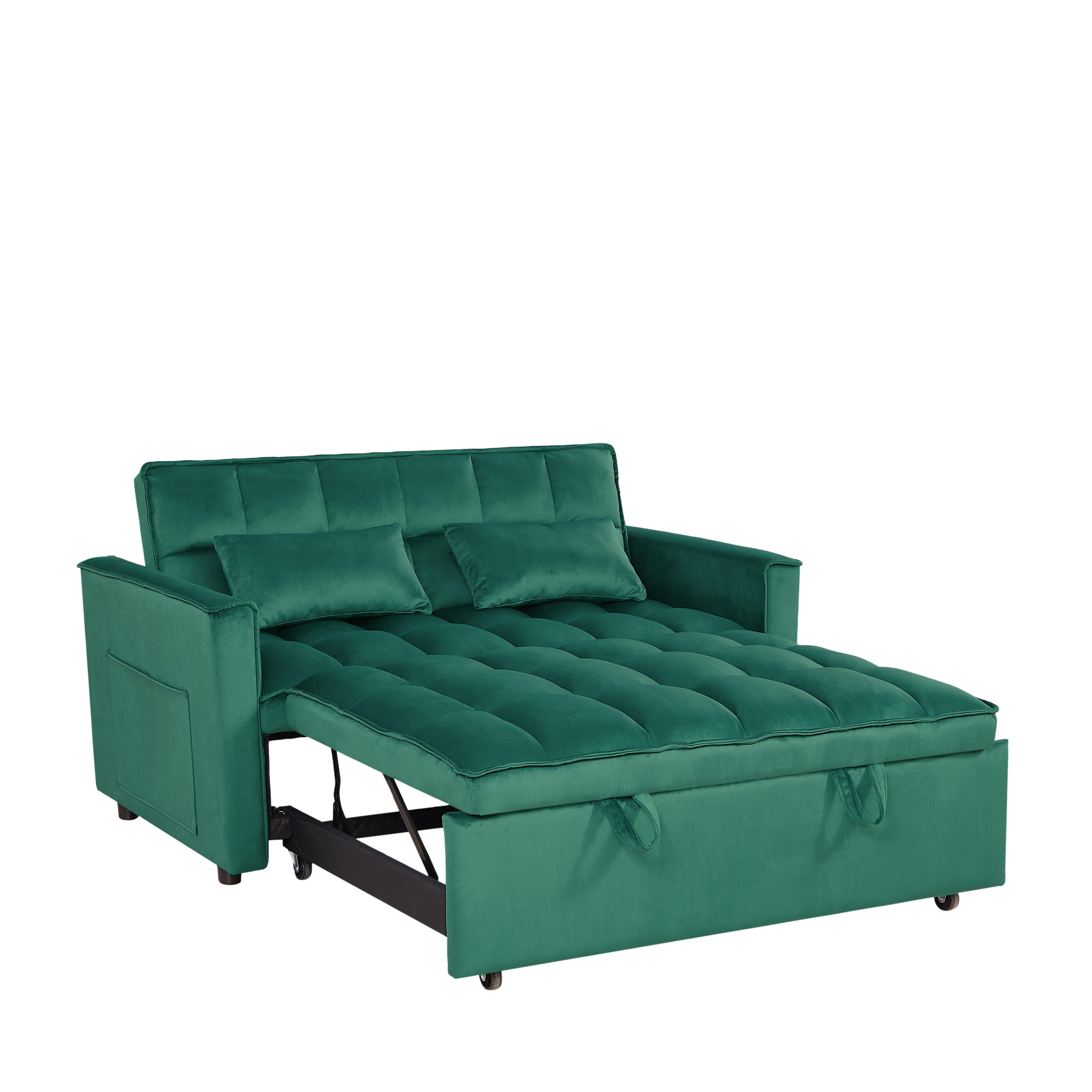 BSHTI 54" Pull-Out Sleeper Sofa Bed – Converts to Twin Size Bed with 3 Adjustable Angles, Velvet Upholstery, Solid Wood Frame, Side Pocket Storage, 2 Pillows Included,Green