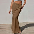 thumbnail image 5 of Yucgh Women's Solid Color Fishtail Split Skirt with Elastic Waist & Side Pockets, Swing Maxi Skirt, Casual Linen Blend Beach Skirt for Summer,Brown,XL, 5 of 7
