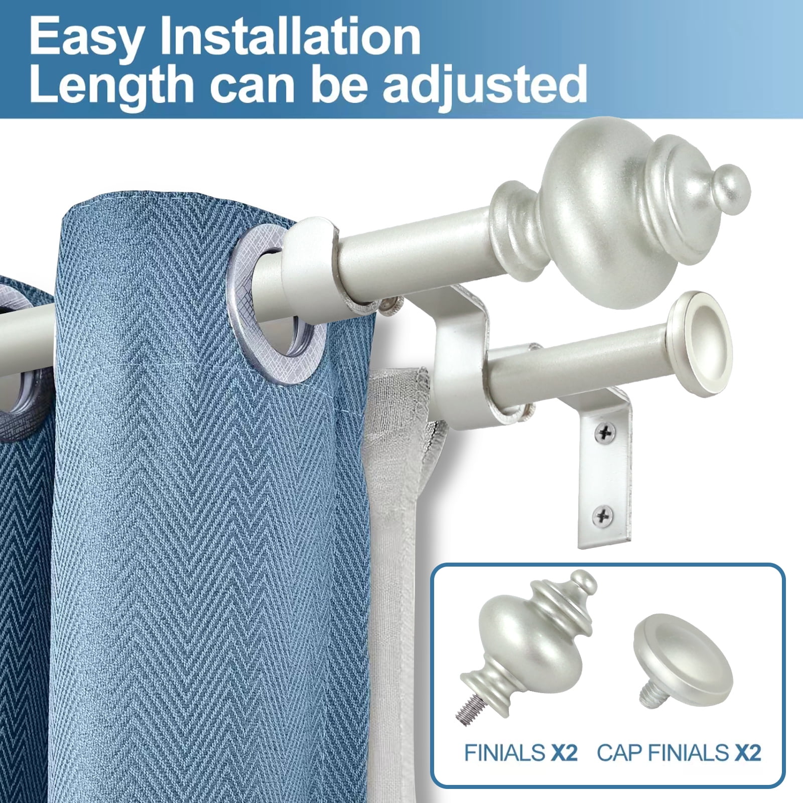 Urbanest Adjustable Double Curtain Rod Set Metal with Decorative Round Urn Finials, Heavy-Duty, 84"-120", Pewter