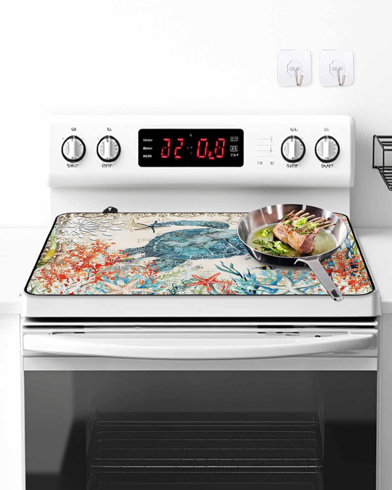Stove Top Covers for Electric Stove, Sea Turtle Coastal Glass Stovetop Cover Protector, Vintage Beach Coral Starfish Nautical Induction Cooktop Protector Oven Mat for Kitchen Countertop 24"x21"