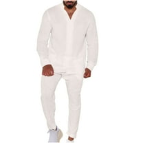 Aofany Men's 2 Piece Outfits Casual Beach Suit Breathable Comfy Cotton Linen Shirts and Pants Set Solid Color Matching Lounge Sets