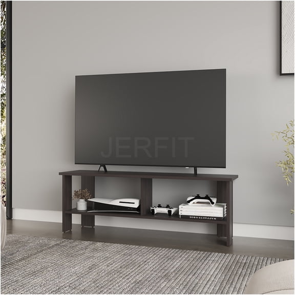 JERFIT 63 inch Modern TV Stand with 2 Open Shelves for Living Room, Dark Walnut Entertainment Center, Media Console with Particle Board for Storage
