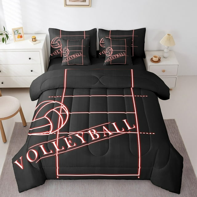 YST Ensemble de Literie Sport 7 Pcs Volleyball, Format Double, Ensemble de Couette Léger Noir Rouge, Ensemble de Lit Terrain de Volleyball Néon Rouge