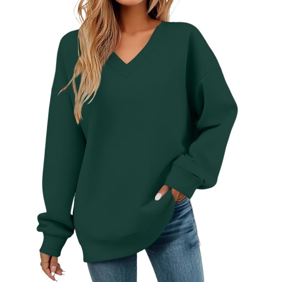 Women's Fashion V-neck Cozy Long Sleeved Sweatshirt Pullover Casual Sweat Shirts Cute Fall Winter Loose Fit Outfits