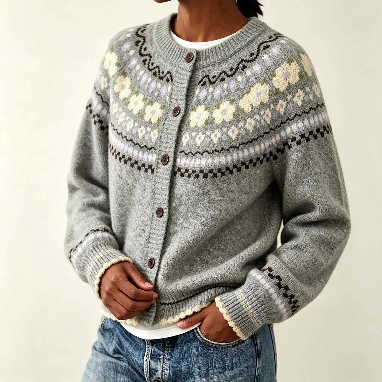 Edvintorg Plus Size Cardigan Women Fair Isle Cerw Neck Knit Sweater Long Sleeve Casual Open Front Top Womens Fashion Gray S-3XL