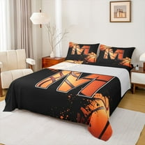 Homewish Cartoon Basketball Boys Twin Sheet Sets, Black Orange Monogrammed M Twin Fitted Sheet, Modern Ball Sports Player Flat Sheet, Breathable Home Decor, 3pcs