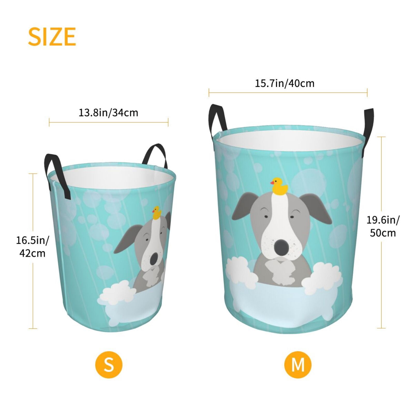 Gukieu Dog In Bathtub Print Round Dirty Clothes Bag, Waterproof Standing Home Bathroom Storage Basket Car Trunk Storage Bag-Small