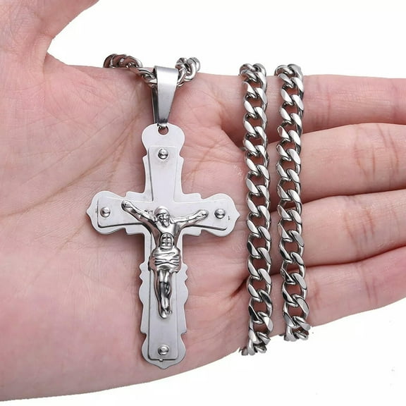 QQTDFG Hot Mens Stainless Steel Silver Jesus Crucifix Cross Pendant 24" Chain Necklace-default