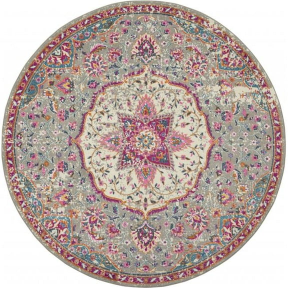 8 ft. Round Gray & Pink Medallion Area Rug