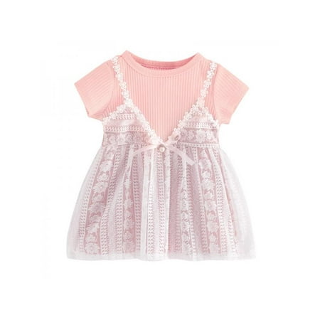 Yellow Soft Dress Lavaport Summer Cute Baby Girl Princess Lace Soft Short Sleeve Tutu Dress Fake Outfit ()