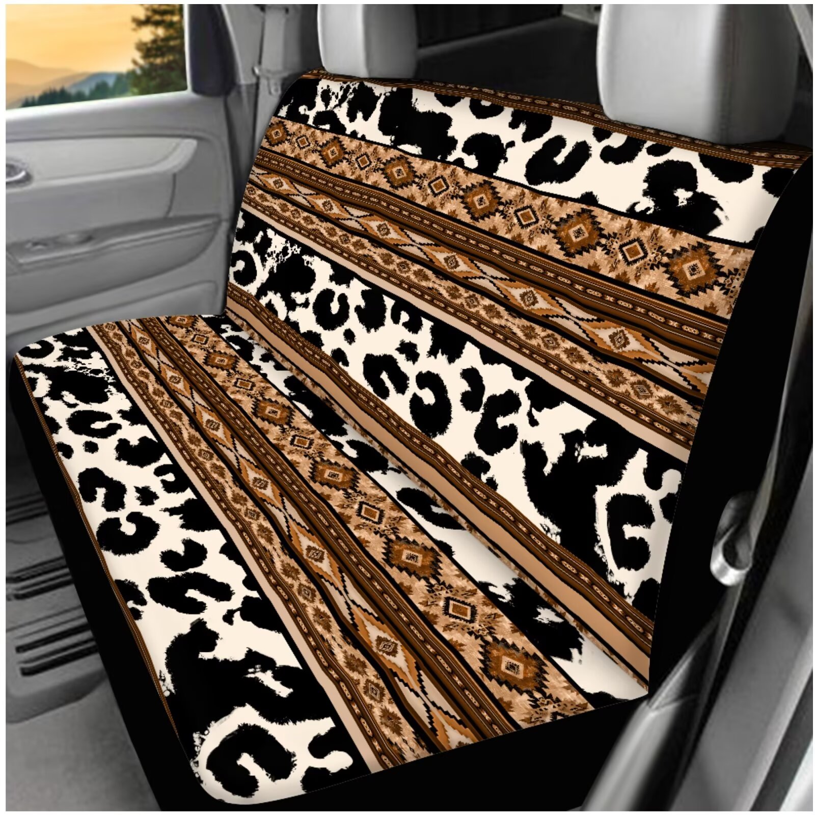 HUIACONG Aztec Cow Print Seat Covers for Cars Full Set with Steering Wheel Cover Armrest Cover Seat Belt Pads Headrest Cover Coasters Keychain 14 Pcs Southwestern Car Accessories Interior