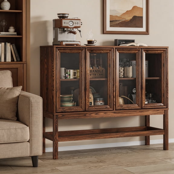 HMstone Sideboard Buffet Cabinet 47"W Storage Cabinet with 4 Glass Press-to-Open Doors, Coffee Bar Cabinet Buffet Table with Shelves for Kitchen, Living Room, Walnut