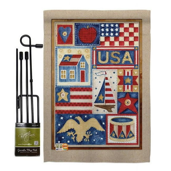 Breeze Decor BD-PA-GS-111077-IP-BO-D-US17-AM 13 x 18.5 in. USA Collage Americana Patriotic Vertical Double Sided Mini Garden Flag Set with Banner Pole Printed In