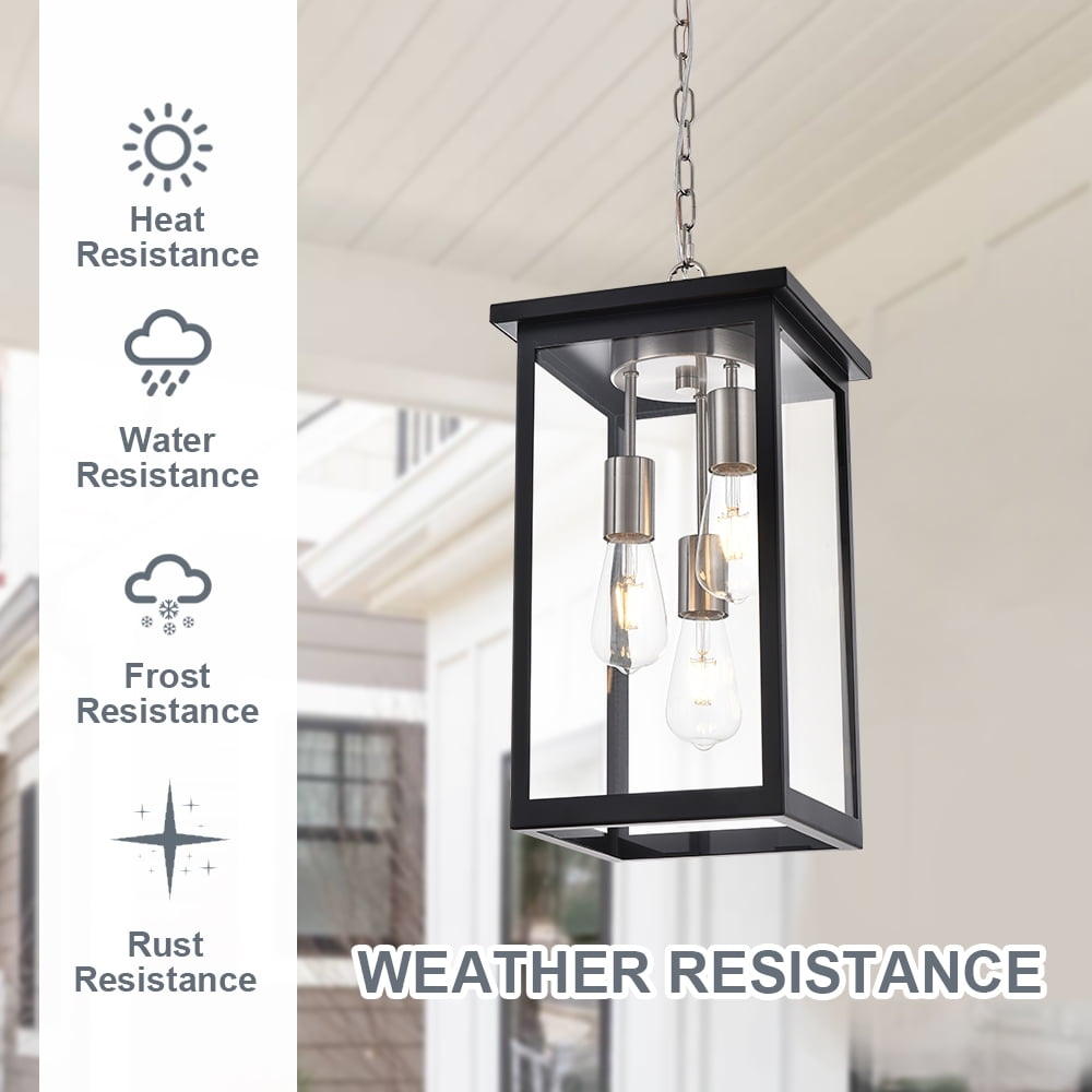 Melucee Outdoor Pendant Light Fixtures, 3-Lights Exterior Hanging Lantern, Black Brushed Large Outdoor Hanging Porch Light with Clear Glass Shade