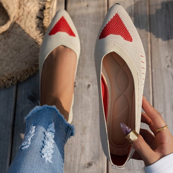 Viluyesy Womens Ballet Flats, Slip-On Knit Breathable Pointed Toe Comfortable Shallow Casual Office Shoes Beige US6