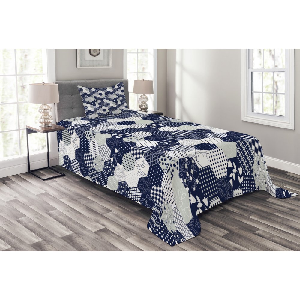 Navy Blue Bedspread Set Twin Size, Octagon Patchwork Style Pattern