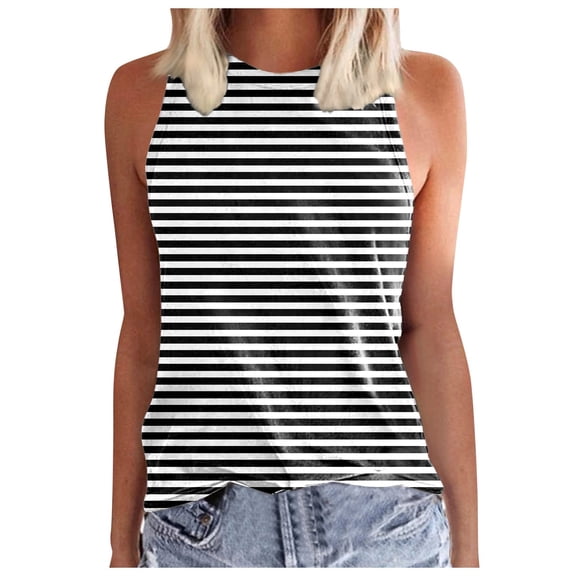 FUYUDY Women'S Tank Top Fashion Casual Slim Fit Striped Sleeveless Crew Neck Vest Soft Comfortable Breathable Female Camisole For Daily Wear And Layering,Black,L