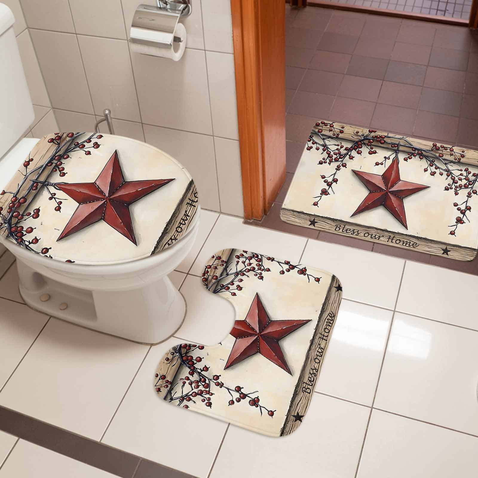 Red Texas Star Rustic Bath Mat 3 Piece Bathroom Rug Set, Country Star Berries Wooden Non Slip Bath Rug Contour Mat and Toilet Lid Cover, Absorbent Shower Mats Soft Bath Rugs and Mats Sets