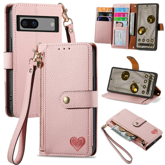 Wallet Case for Google Pixel 7 Women Men, Durable PU Leather Magnetic Flip Lanyard Strap Wristlet Zipper Card Holder Kickstand Wallet Phone Case Cover Full Body Protection, Pink