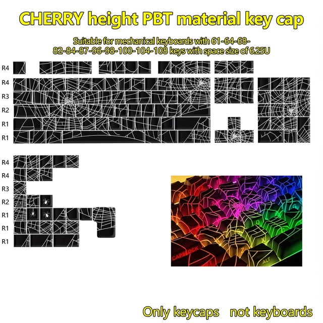 Original Factory High Mechanical Keyboard Keycaps with Side Characters That Are Translucent, Featuring Spider Web Line Patterns. Made of PBT Material with Full Five-Sided Sublimation Keycaps