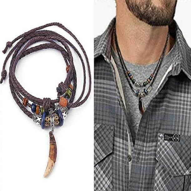 Boho Wolf Tooth Pendant Necklace Vintage Tribal Double Layered Black Braided Beaded Choker Unisex Jewelry Accessories