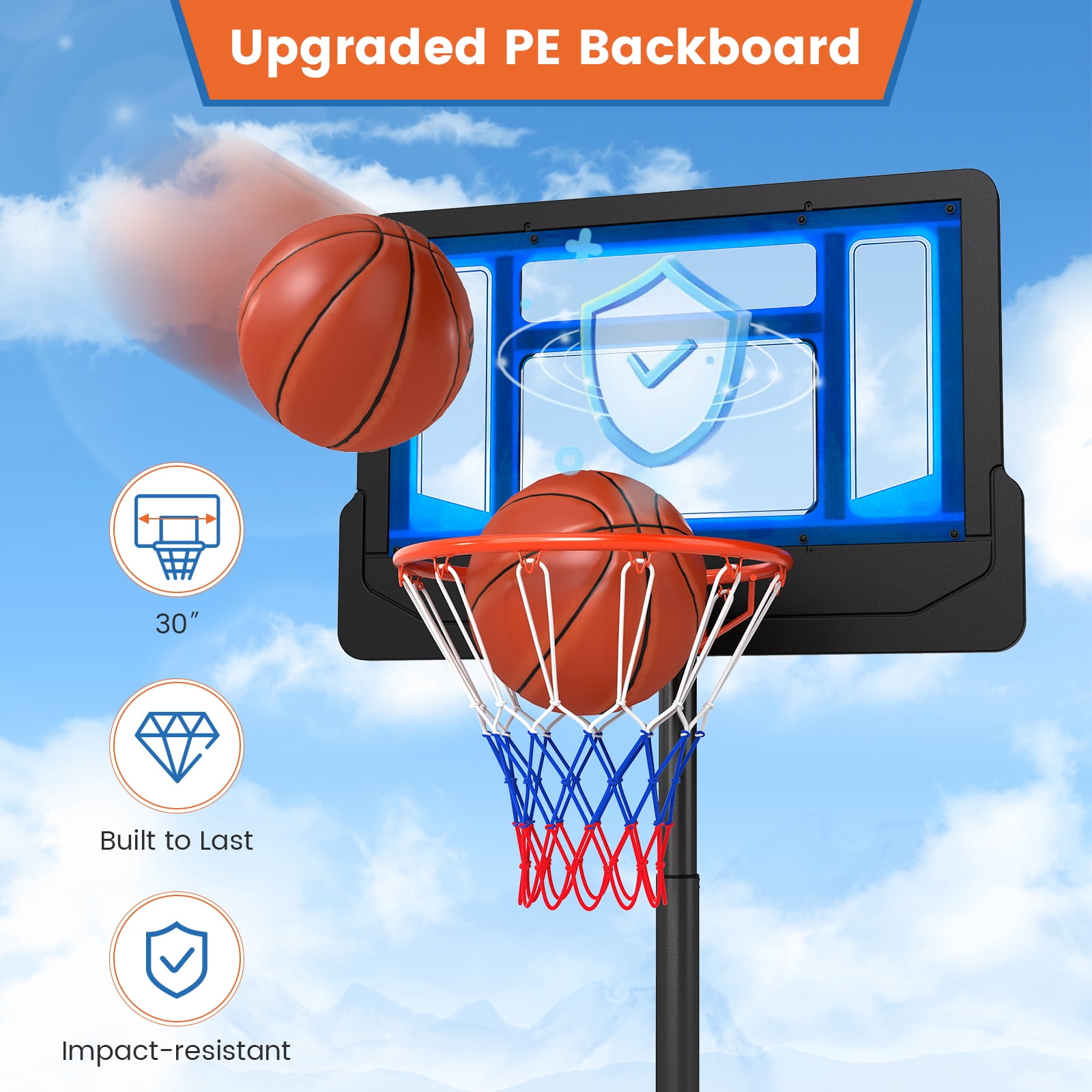 Patiojoy Basketball Hoop Portable Basketball Stand with Rolling Wheels 4.3-8.2FT Adjustable Height PE Backboard Fillable Base Blue