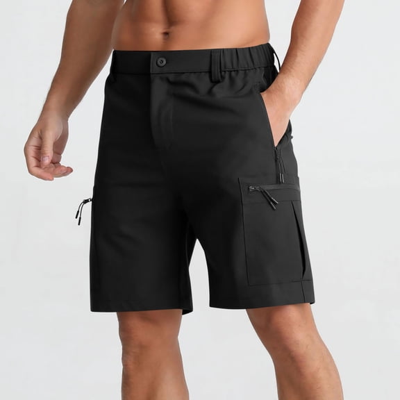 cllios Men's Cargo Shorts with Zipper Pockets Elastic Waist Flat Front Short Solid Loose Fit Quick Dry Outdoor Hiking Shorts Black L