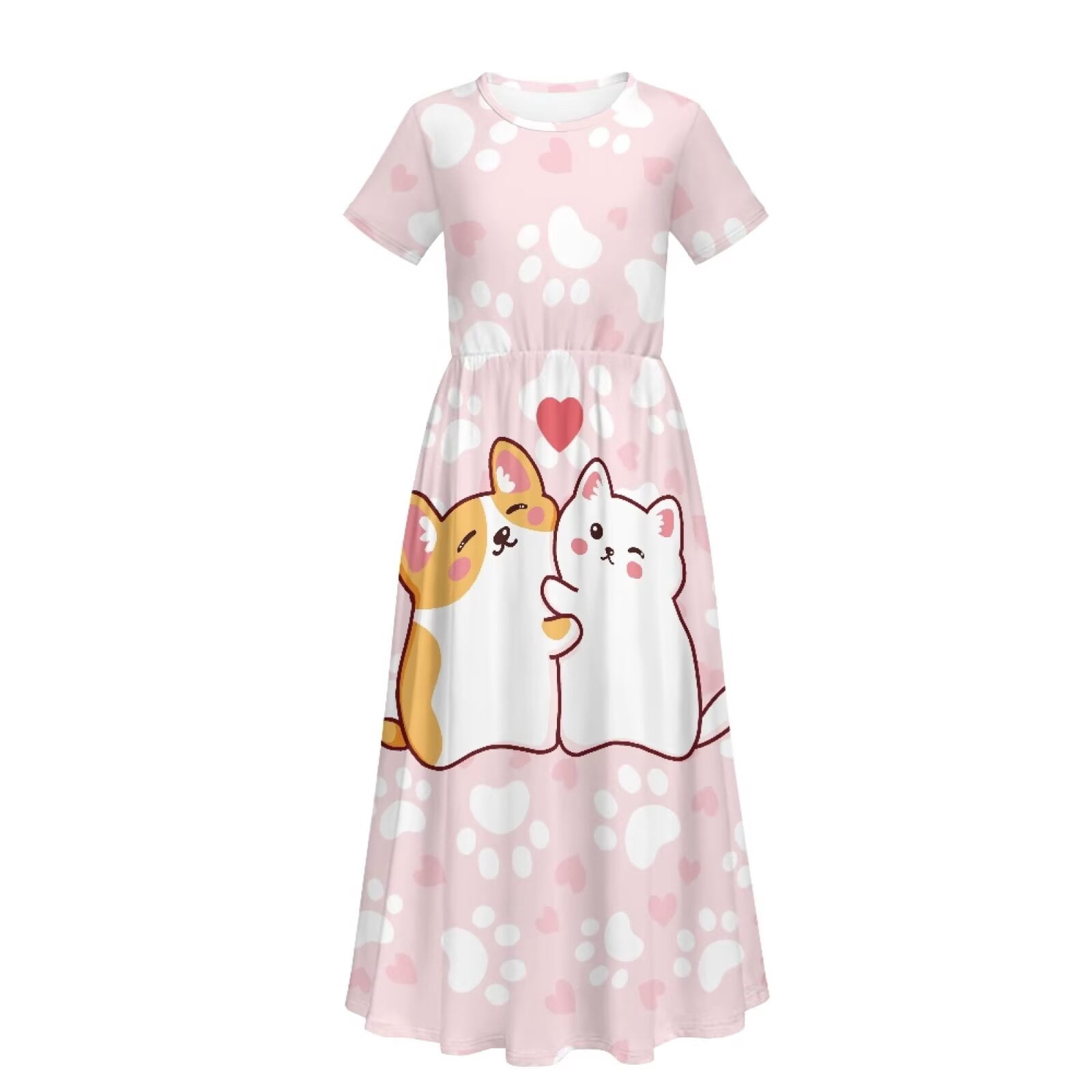 Uourmeti Cartoon Dog Kitty Print Girls Summer Short Sleeve Dress Crew Neck Loose Casual Flowy Tiered Maxi Dress with Pockets Cute Clothes, Size 5-6 Years