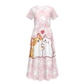 thumbnail image 5 of Uourmeti Cartoon Dog Kitty Print Girls Summer Short Sleeve Dress Crew Neck Loose Casual Flowy Tiered Maxi Dress with Pockets Cute Clothes, Size 13-14 Years, 5 of 7