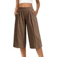 thumbnail image 7 of Women's Pleated Wide Leg Capri Culotte Pants Elastic High Waist Textured Lightweight Wrinkle Resistant Casual Fit Brown M, 7 of 7