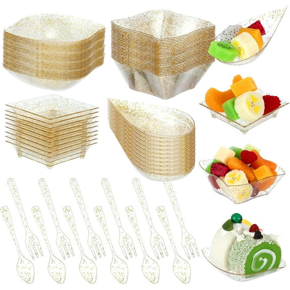 Tessco 200 Pcs Mini Appetizer Plates with Spoons Forks Disposable Mini Dessert Plates Plastic Appetizer Bowls Tiny Individual Serving Trays for Party(Gold Glitter,Classic)