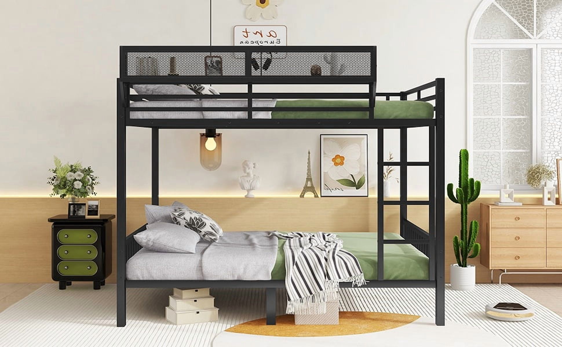 HOQBN Bunk Bed Queen over Queen,Heavy Duty Metal Bunk Bed Frame with Storage Shelf and Ladder,Black