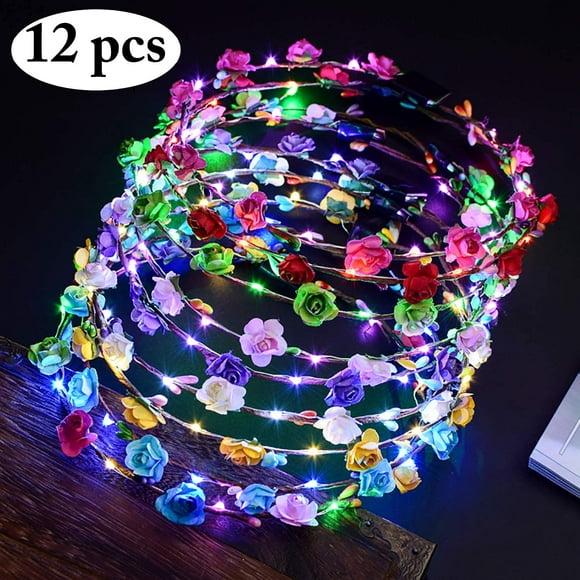 Guirlande de fleurs à DEL, 12 Pcs Guirlande Bandeau Décoratif Lumineux 10 DEL Bohème Fleur Bandeau Couvre-chef Couronne de fleurs Couronne Florale Diadème Accessoires pour Cheveux