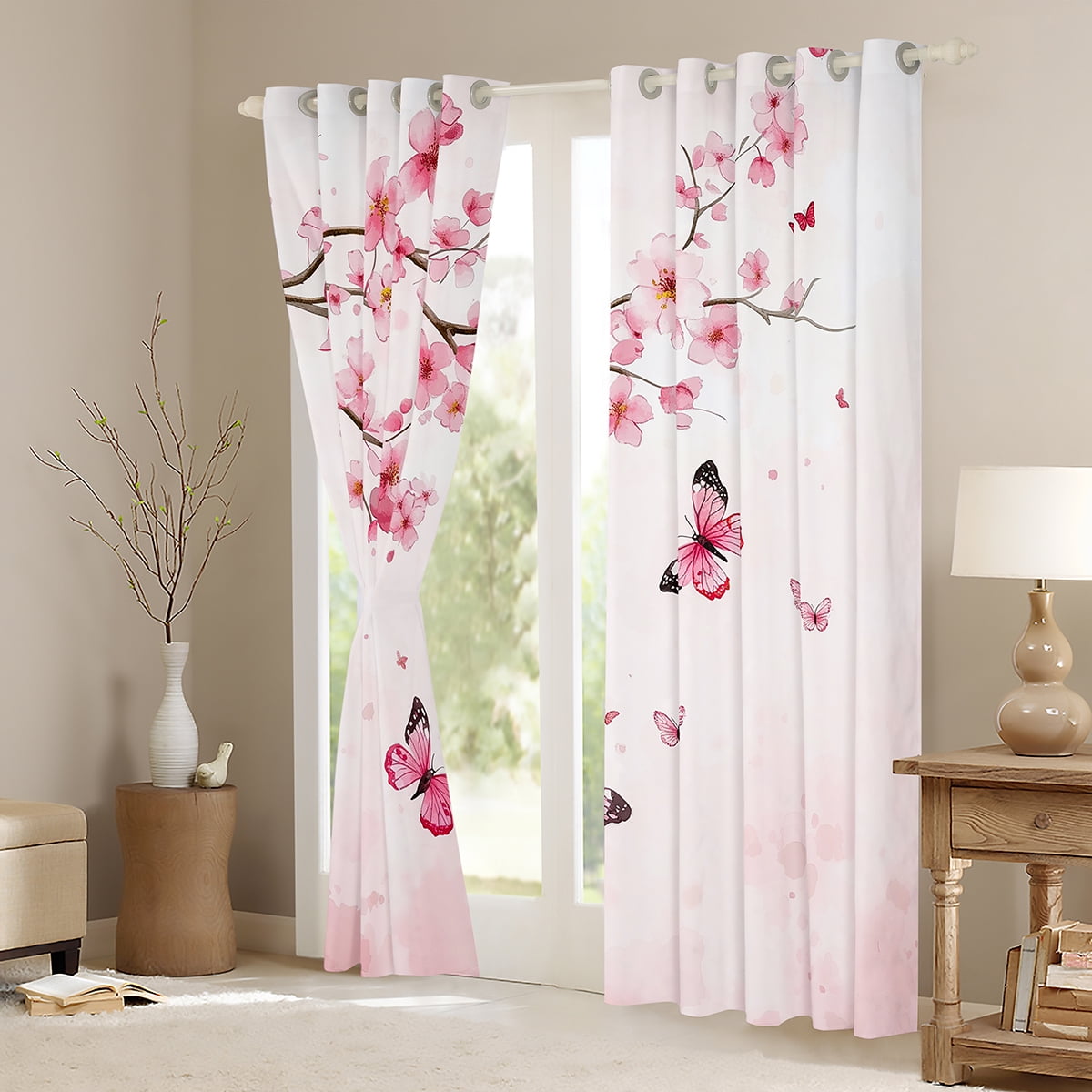 Manfei Cute Butterflies Black Out Curtains,Cherry Blossom Curtains Pack of 2 (42x63 Each),Light Pink Bedroom Curtains For Princess,Super Cozy Room Decor