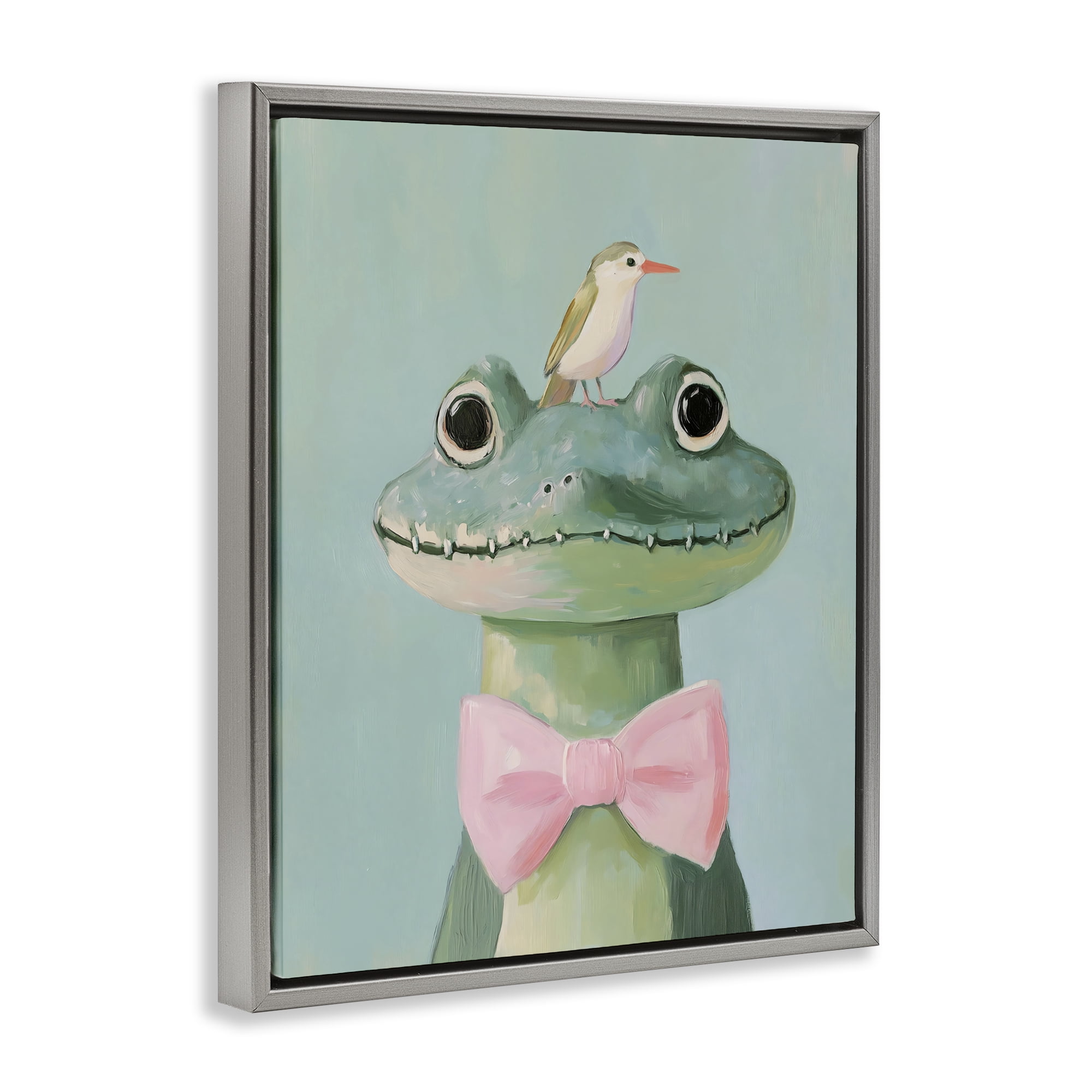 Stupell Industries Crocodile & Bird with Bowtie Gray Framed Floater Canvas Wall Art, design by The Prints Vibe