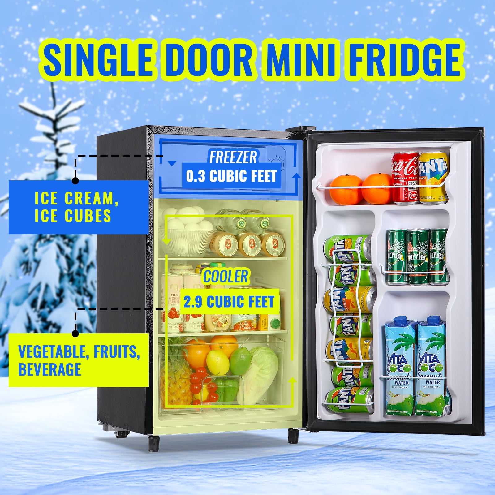 Tacool Single Door Mini Fridge with Freezer Apartment Size Refrigerator 3.2Cu.ft Energy Saving, Black, New