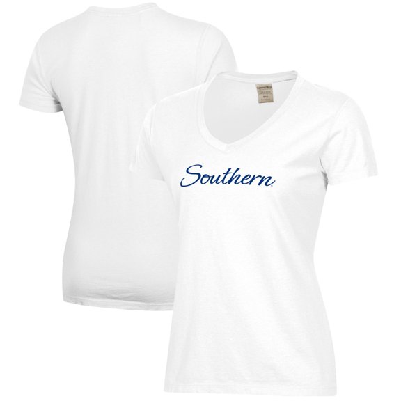 Women's  White Southern Connecticut State Owls Script Logo Comfort Wash V-Neck T-Shirt