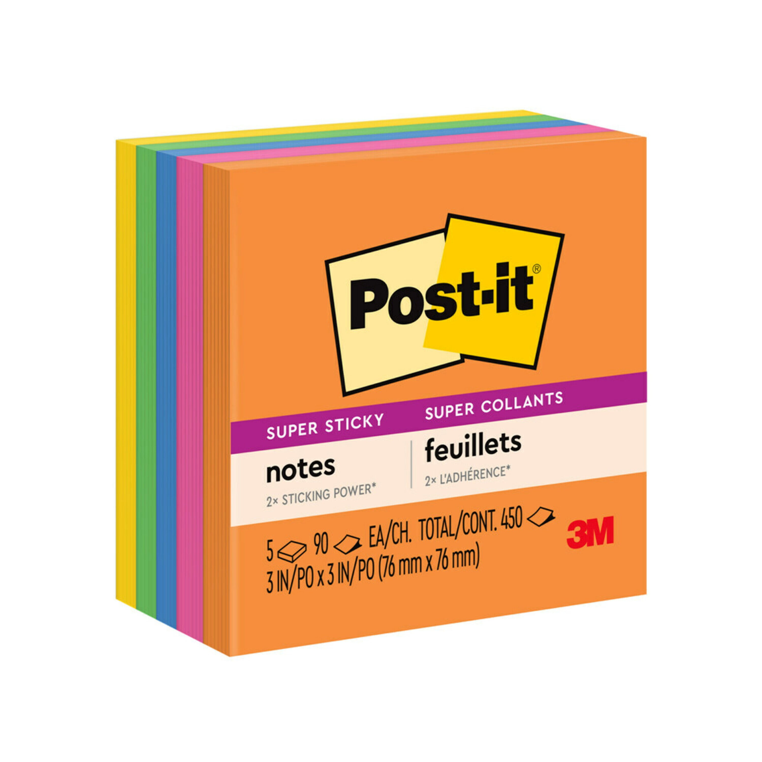 600 STICKY NOTES REMOVABLE IN BRIGHT NEON COLOURS 76MM X 76MM 3" X 3" 