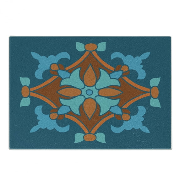 Vintage Blue Cutting Board, Traditional Moroccon Style Folkloric Motif with Tulip, Decorative Tempered Glass Cutting and Serving Board, Small Size, Burnt Orange Petrol Blue, by Ambesonne