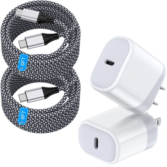 2Pcs PD 20W Charger Block Fast Charging with 2Pcs 6FT Type C Charging Cables, Fast Charging Adapter USB C Wall Charger Block Compatible with iPhone 17 16 15 14, Samsung, Android Phone, White
