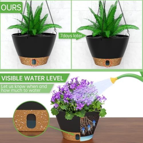 10 Inch Hanging Planters for Outdoor Plants, Hanging Pots for Plants Indoor with Visible Water Level, Hanging Flower Basket with Drainage Holes & Removable Tray(2 Pack, Gray)