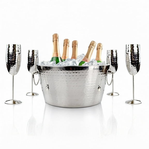 BREKX Cheers Stainless Steel Beverage Tub with Four Champagne Flutes, Wedding Gift