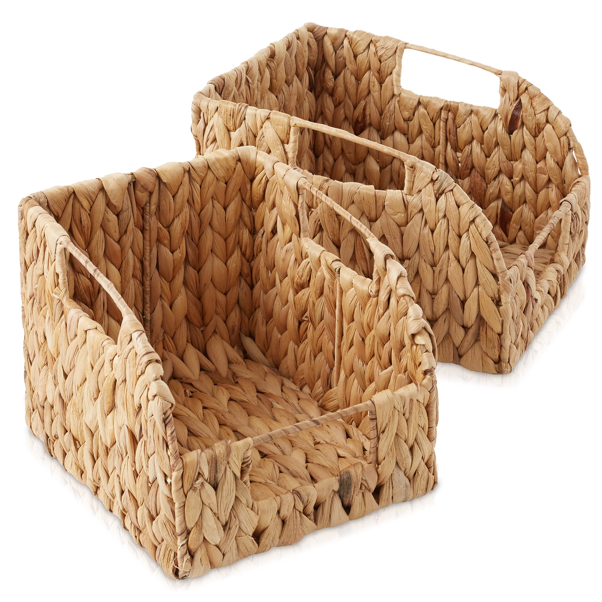 Casafield (Set of 2) Water Hyacinth Pantry Baskets with Handles - Natural, Medium and Large Size Woven Storage Baskets for Kitchen Shelves