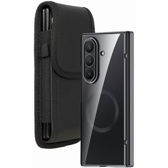 Nakedcellphone Combo for Samsung Galaxy Z Fold 7 Phone Case with Belt Clip Pouch Holder - Built-In Screen Protector - Hinge Cover - Compatible with MagSafe - Black/Clear