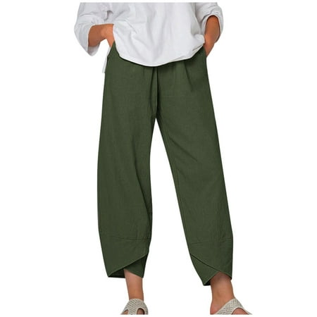 

Womens Capri Pants for Summer Beach Casual Solid Comfy Elastic Waist Cotton Palazzo Pajama Cropped Harem Pants Trouser